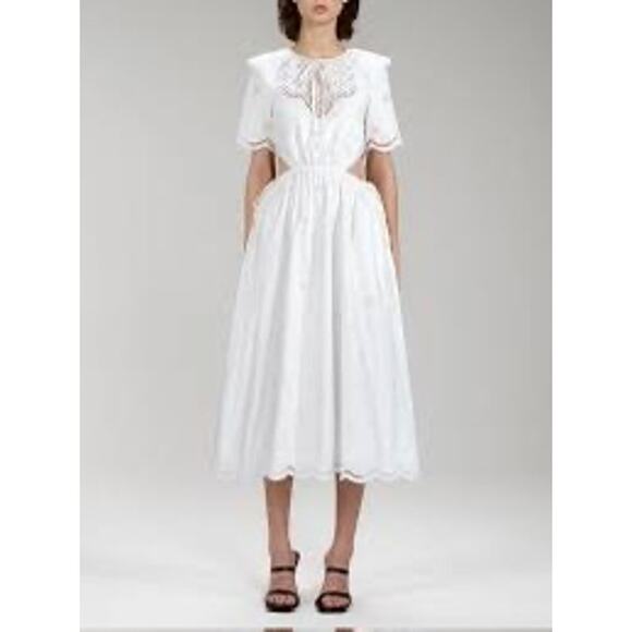 Self-Portrait WHITE COQUETTE DAISY COTTON BRODERIE ANGLAISE CUT OUT MIDI DRESS 8 - Picture 1 of 16